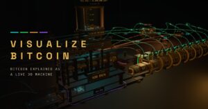 Visualize Bitcoin: dreidimensionale Darstellung der Bitcoin-Maschine mit Mining, Blöcken und Netzwerkverbindungen.