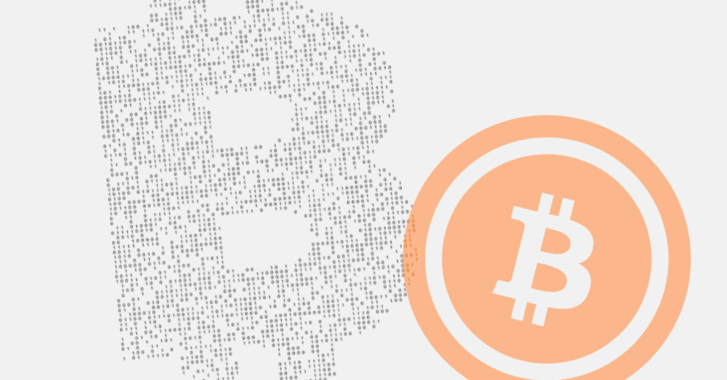 Vorschaubild des Bitcoin Privacy Guides von Privatopia: Bitcoin-Symbol aus Binärzahlen neben einem orangefarbenen Bitcoin-Logo
